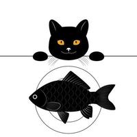 il gatto nero guarda sul tavolo e vuole rubare il pesce. personaggio dei cartoni animati divertente. stampa per una t-shirt. illustrazione vettoriale isolato su sfondo bianco