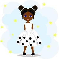 piccola ragazza nera carina in un vestito bianco con pois neri vettore