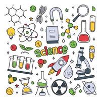 set di cartoni animati di doodle disegnato a mano di vettore di elementi a tema scientifico