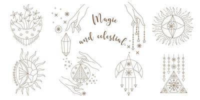 insieme vettoriale di elementi magici e del cielo progettati in stile doodle, linee marroni su sfondo bianco per carta. stampa digitale, album di ritagli, tatuaggi, design di t-shirt, adesivi e altro ancora.