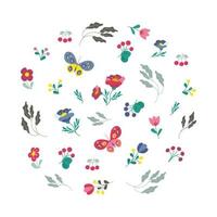 set di farfalle colorate e fiori vari, piante e ramoscelli. illustrazione vettoriale in stile piatto