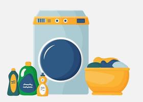 giornata di bucato a casa. una serie di illustrazioni vettoriali con lavatrice, prodotti per il bucato e per la pulizia, biancheria sporca e pulita. il concetto di pulizia dell'appartamento.