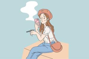 vape ragazza in stile cartone animato tenendo la sigaretta elettrica a vapore con attività illustrazione vettoriale piatta