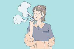 vape ragazza in stile cartone animato tenendo la sigaretta elettrica a vapore con attività illustrazione vettoriale piatta