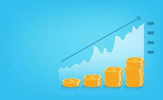 grafico finanziario dei guadagni in denaro nei mercati globali e nelle attività di investimento o nelle azioni dell'economia. il vantaggio aumenta con monete d'oro e simbolo della freccia vettore