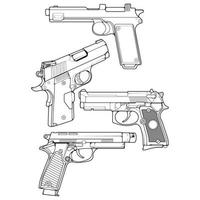 set di armi da fuoco in stile art line, pistola da tiro, illustrazione dell'arma, linea vettoriale, illustrazione della pistola, pistola moderna, concetto militare, grafica della pistola per l'addestramento vettore