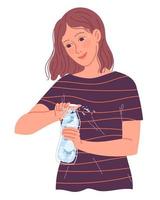 la ragazza apre una bottiglia d'acqua da bere al caldo. vettore