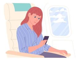 donna con smartphone in aereo durante il volo. vettore
