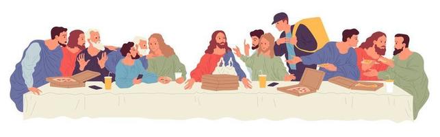 persone sedute a tavola con cibo consegnato tramite corriere dal servizio di consegna cibo. illustrazione basata su leonardo da vinci che dipinge l'ultima cena.