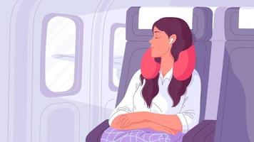 la donna dorme in volo con un cuscino intorno al collo sul sedile dell'aereo. vettore