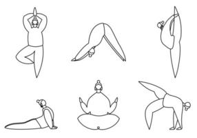 insieme di contorni lineari di donne fanno yoga isolato su bianco. albero, cane a testa in giù, cobra e altre posizioni. concetto di equilibrio, stile di vita sano, sport, armonia vettore