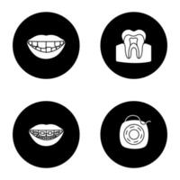 set di icone del glifo di odontoiatria. stomatologia. dente mancante, struttura dei denti, bretelle, filo interdentale. illustrazioni di sagome bianche vettoriali in cerchi neri