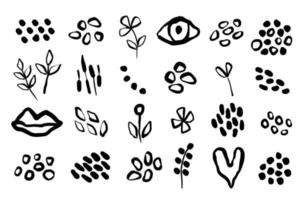 set di elementi di design disegnati a mano organici astratti spot dot eye labbra fiore foglie cuore vettore