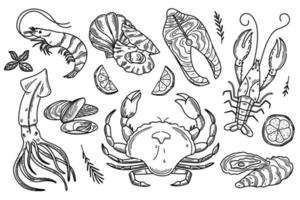 set di frutti di mare disegnati a mano. doodle decorativo illustrazione di calamari, salmone, capesante, aragoste, granchi, crostacei e cozze. illustrazione vettoriale in vecchio stile inchiostro