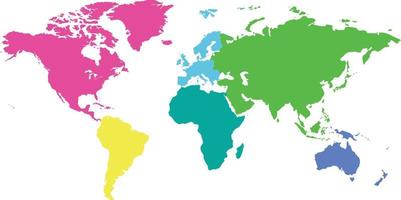 la mappa del mondo è divisa in sei continenti in diversi colori. ogni continente in un colore diverso. mappa colorata del mondo di 6 continenti isolati. vettore