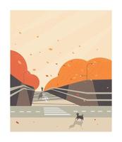 illustrazione vettoriale della scena autunnale o delle cascate. maniglia dell'uomo borsa della spesa che torna a casa a piedi per la strada. cane felice in attesa. sfondo minimo del paesaggio. solitario felice in autunno
