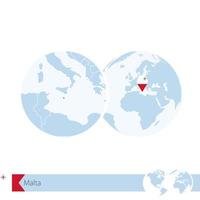 malta sul globo del mondo con bandiera e mappa regionale di malta. vettore