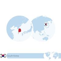 corea del sud sul globo del mondo con bandiera e mappa regionale della corea del sud. vettore