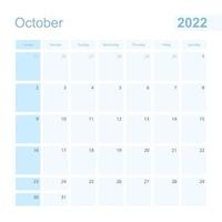 Planner da parete ottobre 2022 in colore blu, la settimana inizia la domenica. vettore