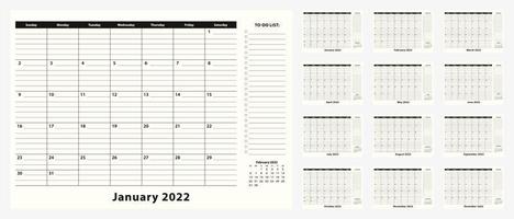 calendario mensile del pad da scrivania per l'anno 2022, 12 mesi. vettore