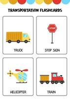mezzi di trasporto simpatico cartone animato con nomi. flashcard per bambini. vettore