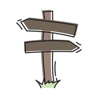 segni di legno di vettore in stile doodle. simbolo del puntatore di direzione. schizzo disegnato a mano di segni. illustrazione della freccia della strada o dell'ufficio turistico. contorni di colore isolati su uno sfondo bianco