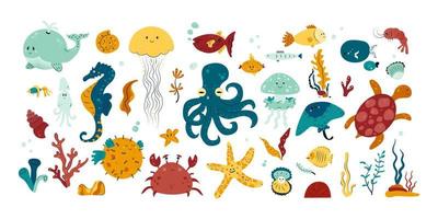 set di simpatiche creature marine e animali sottomarini. tartaruga d'acqua, balena, polpo, medusa, granchio e pesci colorati. elementi della vita marina. illustrazione vettoriale piatta a colori