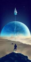 un uomo con un abito futuristico in piedi sulla cima di un pianeta sconosciuto con lo sfondo delle astronavi che volano nello spazio vettore