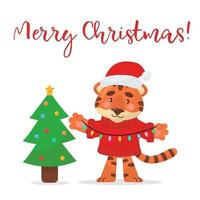 simpatico cartone animato tigre con cappello da Babbo Natale decora l'albero di natale. biglietto di auguri per le vacanze. Buon Natale. illustrazione vettoriale isolata.