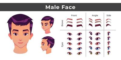 costruzione del viso dell'uomo asiatico, creazione di avatar con parti della testa isolate. con occhi e sopracciglia diversi vettore