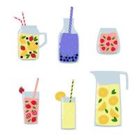 set di bevande estive. bevande a base di frutta o frutti di bosco in vetro, bottiglia o caraffa. succo di cartone animato e limonata vettore