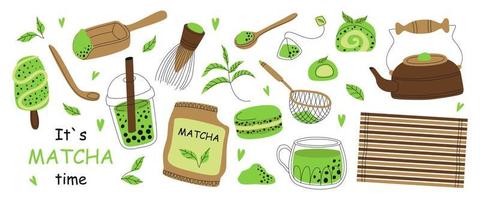 set di vari prodotti per la cerimonia del tè matcha. tè verde in polvere tradizionale giapponese matcha latte, frusta, mochi, macarons, cucchiaio di bambù, foglie di tè, tè alle bolle. sana cultura del tè verde biologico. vettore