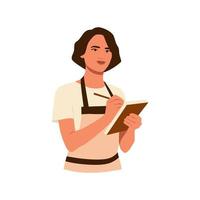 giovane ragazza sorridente barista che indossa un grembiule con un taccuino con penna per i clienti. lavoro come barista. caffetteria e caffetteria. servizio, stazione e pranzo. illustrazione vettoriale piatta disegnata a mano del carattere