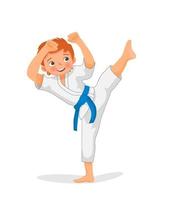 felice ragazzino di karate con cintura blu che mostra tecniche di attacco di calci pone nella pratica di allenamento di arti marziali vettore