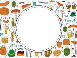 oktoberfest 2022 - festa della birra. elementi di doodle disegnati a mano. festa tradizionale tedesca. emblema rotondo sullo sfondo di un motivo di elementi colorati. vettore