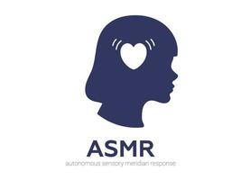 risposta del meridiano sensoriale autonomo, logo o icona asmr. profilo della testa femminile con cuffie a forma di cuore, godendo di suoni, sussurri o musica. illustrazione vettoriale stile linea piatta