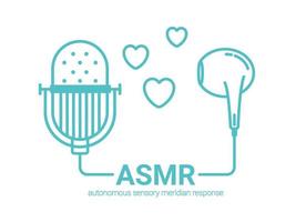 risposta del meridiano sensoriale autonomo, logo o icona asmr. microfono e auricolari collegati, con i cuori come simbolo di godere di suoni, sussurri o musica. illustrazione vettoriale stile linea piatta