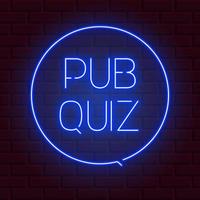 poster dell'annuncio del quiz pub, lettere luminose al neon in stile vintage che brillano su sfondo di mattoni scuri. domande gioco di squadra per persone intelligenti illustrazione vettoriale, segno elettrico incandescente in stile retrò vettore