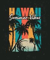 disegno della maglietta dell'illustrazione dell'annata delle hawaii della spiaggia del tramonto tropicale vettore