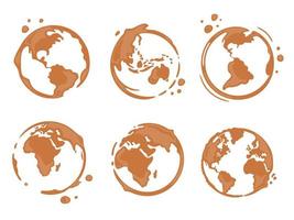 collezione di macchie rotonde di tazza di caffè a forma di mappa del mondo o globo. tutti i continenti, nord e sud america, europa, asia, africa, australia. vettore gocce e schizzi su bianco.