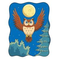 fumetto illustrazione un gufo che vola con orgoglio sotto la luce della luna piena nella foresta vettore