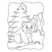 fumetto illustrazione l'orso è seduto nel mezzo della foresta godendosi il clima mattutino sotto un grande libro albero o una pagina per bambini in bianco e nero vettore