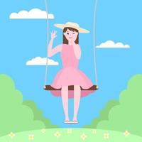 ragazza carina in abito rosa sorridente. giovane donna giro su un'altalena nel parco con alberi e fiori. bella giornata estiva con cielo azzurro e nuvole. gioco all'aperto per bambini. illustrazione vettoriale. vettore