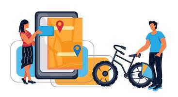 concetto di bike sharing e noleggio di biciclette con persone che cercano un veicolo ecologico per la città nell'app mobile. vantaggi del trasporto urbano e della sharing economy. illustrazione vettoriale piatta isolata.