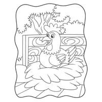 fumetto illustrazione una gallina che sta incubando le sue uova che sono pronte a schiudersi nel suo libro di gabbia o pagina per bambini in bianco e nero vettore