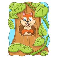 fumetto illustrazione lo scoiattolo in piedi davanti al buco nella porta di casa sua in un grande albero in mezzo alla foresta vettore