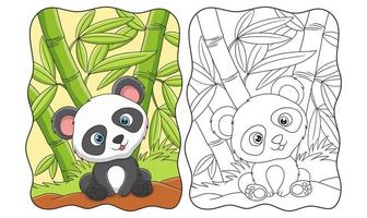 panda dell'illustrazione del fumetto che si siede tranquillamente sotto un albero di bambù nel mezzo del libro o della pagina della foresta per i bambini vettore