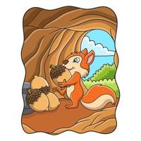 illustrazione del fumetto lo scoiattolo sta raccogliendo scorte di cibo sotto forma di noci di ghianda che sono conservate nella sua casa sull'albero