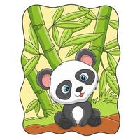 cartone animato illustrazione panda seduto tranquillamente sotto un albero di bambù nel mezzo della foresta vettore