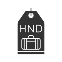 icona del glifo con etichetta bagaglio da viaggio. etichetta bagaglio con codice aeroporto. simbolo della sagoma. spazio negativo. illustrazione vettoriale isolato